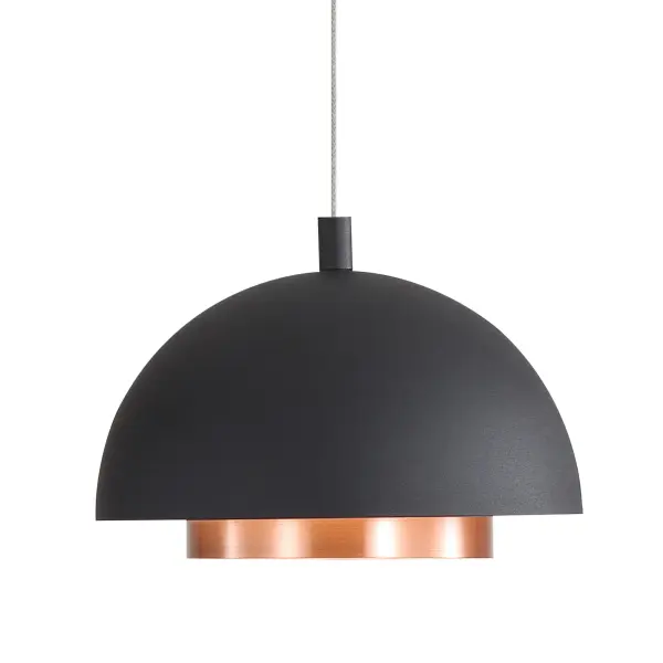 Bring modern elegance into your home with the Wry Lighting Solsken Integrated LED 7in Pendant in Sand Black. Featuring a metal shade and a Sand Black finish, it creates a welcoming atmosphere. The pendant's metal shade beautifully showcases an Aged Copper accent finish, adding a warm, reddish-orange hue that catches and diffuses light, creating a cozy ambiance. This elegant touch not only enhances the fixture's modern aesthetic but also serves as a stunning focal point in your space. The Sand Black finish offers a sophisticated textural appeal with its non-reflective matte surface and sandy texture, striking a balance between style and practicality. Suitable for covered and semi-enclosed spaces (damp rated), this fixture is versatile for kitchens, dining rooms, bathrooms, and entryways. It is sloped-ceiling compatible and features adjustable height from 14" to 120", making installation easy in various settings. Overall dimensions measure 7.13"W x 5"H x 7.13"D, and with integrated LED technology, it provides brilliant, energy-efficient illumination with 233 rated lumens and a warm 3000K glow. This pendant's timeless design and quality construction make it a perfect addition to elevate your modern home decor. Collection: Solsken Finish: Sand Black Glass: Aged Copper Width: 7.13" Height: 5.00" Weight: 2.73 lb Extension from Wall: 7.13" Canopy: 4.75"W x 4.75"H x 1.38"D Bulbs Included Number of Bulbs: 1 Maximum Wattage: 8.00 W Bulb Type: Panel Light Source: LED Dimmable Voltage: 120.00 V Country of Origin: China Safety Listing: ETL LED Manufacturer Warranty: 5 Year Limited
