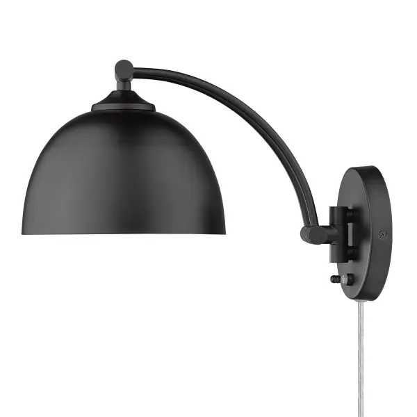 Bring modern sophistication into your home with the Wry Lighting Rey 1-light Swing Arm Wall Lamp in Matte Black. Featuring a metal shade, it creates an inviting atmosphere for various spaces. The clean design captures the playful yet sophisticated essence of Mid-century Modern style. Its Matte Black finish provides a smooth, non-reflective surface that fits seamlessly into any decor. Ideal for bedrooms and home offices, this damp location rated fixture is designed for covered areas with occasional moisture. The convenient swing arm allows you to easily direct the light where you need it. With dimensions of 7.88"W x 8"H x 10"D, it requires 1 E26 medium base bulb (not included) with a maximum wattage of 100. Elevate your space with this stylish and practical lighting option. Collection: Rey Rooms: Bath,Living,Hall,Accent Finish: Matte Black Glass: Matte Black Notes: Fixture offers plug-in and hardwire installation options. Lock fixture arms and shade in place by twisting lock pins located on both ends of fixture arm. Dimension: 7.875``W x 11.25``H x 10``E (min.) - 7.875``W x 8``H x 15.75``E (max.) Width: 7.88" Height: 8.00" Weight: 2.73 lb Extension from Wall: 10.00" Wire: 8`` Canopy: 5.13"W x 5.13"H x 0.75"D Number of Bulbs: 1 Maximum Wattage: 100.00 W Bulb Type: A19 Bulb Base: E26 Light Source: Incandescent Dimmable Voltage: 120.00 V Material: Steel Country of Origin: China Safety Listing: ETL Safety Rating: Damp Connection: Hardware Manufacturer Warranty: 1 Year Limited Instructions Parts Diagram - alternate view
