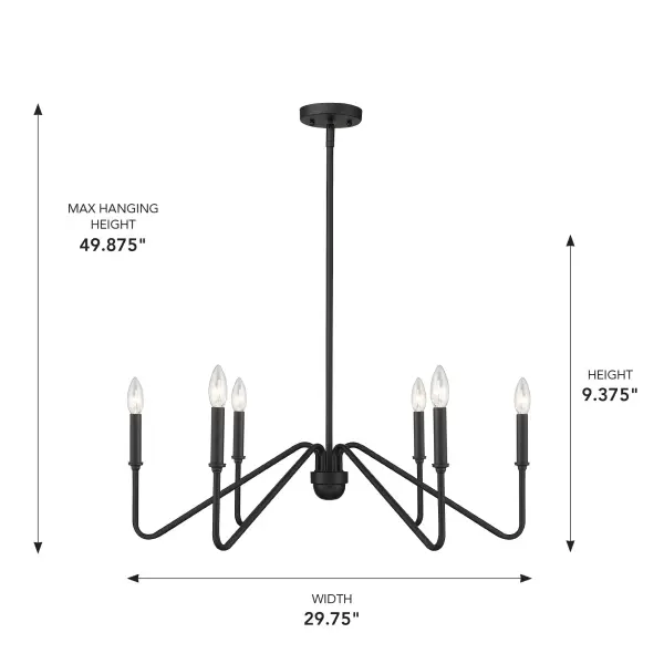 The Kennedy 6-Light Chandelier delivers grand-scale impact with its 29.75" width and adjustable height. The matte Natural Black finish and exposed candelabra design create an organic, grounded aesthetic perfect for modern farmhouse, industrial, and transitional spaces. - alternate view