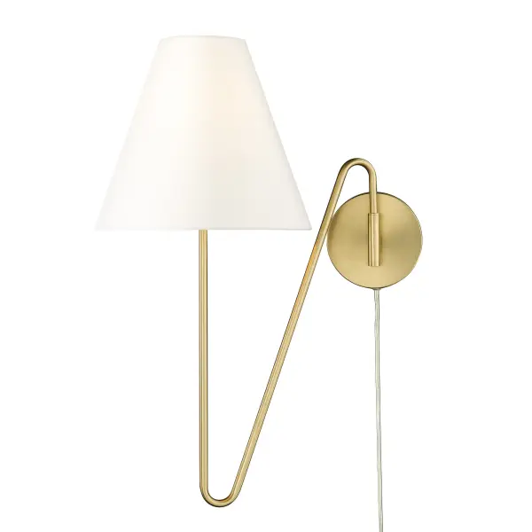 Bring transitional elegance into your home with the Yep by Golden Lighting Kennedy 1-light Swing Arm Wall Lamp. Featuring a fabric shade and a Brushed Champagne Brass frame, it creates a welcoming atmosphere. The Ivory Linen fabric shade features a warm, creamy off-white color and a matte finish, beautifully diffusing light to create a cozy glow. This timeless appeal complements a wide range of styles and adds a touch of light sophistication. The finish offers understated elegance, our Brushed Champagne Brass finish combines the warmth of brass with the softness of silver, achieved through a durable electroplating process that enhances its chic versatility. Perfect for adjustable convenience in bedrooms and home offices, the lamp is Damp Location Rated, making it suitable for covered spaces with occasional moisture. The convenient swing arm allows for easy positioning of the light exactly where needed for reading or other tasks. Overall Dimensions: 11.75"W x 25.13"H x 17.38"D with a capacity for 1 E26 Medium base bulb (not included) of up to 100 watts. Elevate your living space with this high-quality wall sconce that beautifully blends function with style.