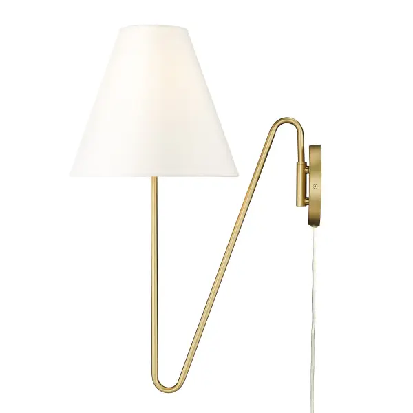Bring transitional elegance into your home with the Yep by Golden Lighting Kennedy 1-light Swing Arm Wall Lamp. Featuring a fabric shade and a Brushed Champagne Brass frame, it creates a welcoming atmosphere. The Ivory Linen fabric shade features a warm, creamy off-white color and a matte finish, beautifully diffusing light to create a cozy glow. This timeless appeal complements a wide range of styles and adds a touch of light sophistication. The finish offers understated elegance, our Brushed Champagne Brass finish combines the warmth of brass with the softness of silver, achieved through a durable electroplating process that enhances its chic versatility. Perfect for adjustable convenience in bedrooms and home offices, the lamp is Damp Location Rated, making it suitable for covered spaces with occasional moisture. The convenient swing arm allows for easy positioning of the light exactly where needed for reading or other tasks. Overall Dimensions: 11.75"W x 25.13"H x 17.38"D with a capacity for 1 E26 Medium base bulb (not included) of up to 100 watts. Elevate your living space with this high-quality wall sconce that beautifully blends function with style. - alternate view
