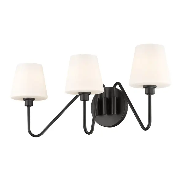 Bring transitional elegance into your home with the Yep by Golden Lighting Kennedy 3-light Vanity in Natural Black. Featuring Opal Glass shades and a Natural Black frame, it creates a welcoming atmosphere perfect for any bathroom. The Opal Glass shades diffuse light evenly, creating a soft, glare-free glow that enhances the ambiance of your space. Our Natural Black finish offers a softer take on traditional dark colors, with a tactile, grounded feel that complements various design styles. This vanity light is damp location rated and ideal for spaces with occasional moisture. Requires 3 E12 Candelabra base bulbs (not included), max 60 wattage each. Overall dimensions: 23.5"W x 10"H x 9"D. Add a touch of elegance and sophistication to your lighting with this beautifully designed fixture.