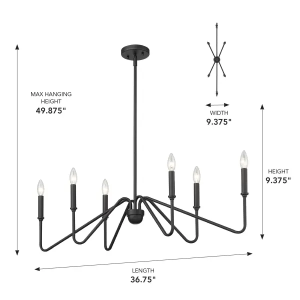 The Kennedy 6-Light Island Light delivers bold industrial style with its clean-lined Natural Black finish and no-shade design. Perfect for kitchen islands, this fixture offers adjustable height and sloped ceiling compatibility while providing ample illumination across 36.75 inches. - alternate view
