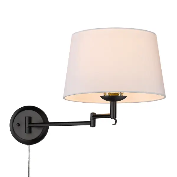 Bring contemporary elegance into your home with the Wry Lighting Eleanor 1-light Swing Arm Wall Lamp. Featuring a modern white shade and a matte black finish, it creates a striking ambiance. The modern white fabric shade provides a crisp, bright illumination, enhancing any decor with its clean and tailored appearance. The matte black finish offers a sleek, non-reflective surface that beautifully complements modern or bold interiors. Rated for damp locations, this versatile fixture is suitable for semi-enclosed spaces like bathrooms and patios. The convenient swing-arm design allows you to position the light precisely where you need it, making it ideal for reading nooks and home offices. With overall dimensions of 12"W x 13.13"H x 13.25"D, it requires one E26 medium base bulb (not included) with a max wattage of 100. Elevate your space with this stylish and functional wall lamp. Collection: Eleanor Finish: Matte Black Glass: Modern White Width: 12.00" Height: 13.13" Weight: 2.87 lb Extension from Wall: 13.25" Canopy: 5.13"W x 5.13"H x 1"D Number of Bulbs: 1 Maximum Wattage: 100.00 W Bulb Type: A19 Bulb Base: E26 Light Source: Incandescent Dimmable Voltage: 120.00 V Country of Origin: China Safety Listing: ETL Manufacturer Warranty: 1 Year Limited