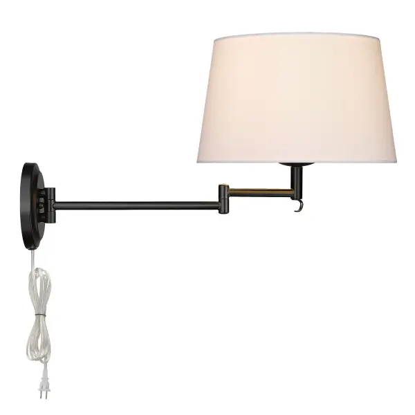Bring contemporary elegance into your home with the Wry Lighting Eleanor 1-light Swing Arm Wall Lamp. Featuring a modern white shade and a matte black finish, it creates a striking ambiance. The modern white fabric shade provides a crisp, bright illumination, enhancing any decor with its clean and tailored appearance. The matte black finish offers a sleek, non-reflective surface that beautifully complements modern or bold interiors. Rated for damp locations, this versatile fixture is suitable for semi-enclosed spaces like bathrooms and patios. The convenient swing-arm design allows you to position the light precisely where you need it, making it ideal for reading nooks and home offices. With overall dimensions of 12"W x 13.13"H x 13.25"D, it requires one E26 medium base bulb (not included) with a max wattage of 100. Elevate your space with this stylish and functional wall lamp. Collection: Eleanor Finish: Matte Black Glass: Modern White Width: 12.00" Height: 13.13" Weight: 2.87 lb Extension from Wall: 13.25" Canopy: 5.13"W x 5.13"H x 1"D Number of Bulbs: 1 Maximum Wattage: 100.00 W Bulb Type: A19 Bulb Base: E26 Light Source: Incandescent Dimmable Voltage: 120.00 V Country of Origin: China Safety Listing: ETL Manufacturer Warranty: 1 Year Limited - alternate view