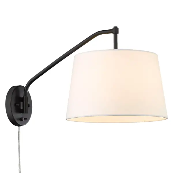 Introducing the Wry Lighting Ryleigh 1-light Swing Arm Wall Lamp, where modern style meets functionality. The fixture features a crisp, clean Modern White fabric shade paired with a Matte Black frame, elevating your decor while providing practical lighting. The matte white shade ensures a soft, diffused glow, making any space feel welcome. The sophisticated Matte Black finish absorbs light, complementing a range of styles from minimalist to bold. Rated for damp locations, this adjustable swing arm light is easily installed without hardwiring, perfect for bedrooms or home offices. It fits seamlessly into diverse interior designs with overall dimensions of 12"W x 11.5"H x 19.63"D, using 1 E26 Medium base bulb (not included), max 100 watts. Enhance your living space with this stylish and functional lighting fixture, perfect for various decorative aesthetics. Collection: Ryleigh Rooms: Bath,Living,Hall,Accent Finish: Matte Black Glass: Modern White Width: 12.00" Height: 11.50" Weight: 2.87 lb Extension from Wall: 19.63" Wire: 8`` Canopy: 5.13"W x 5.13"H x 0.75"D Number of Bulbs: 1 Maximum Wattage: 100.00 W Bulb Type: A19 Bulb Base: E26 Light Source: Incandescent Dimmable Voltage: 120.00 V Material: Steel Country of Origin: China Safety Listing: ETL Safety Rating: Damp Connection: Hardware Manufacturer Warranty: 1 Year Limited