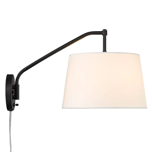 Introducing the Wry Lighting Ryleigh 1-light Swing Arm Wall Lamp, where modern style meets functionality. The fixture features a crisp, clean Modern White fabric shade paired with a Matte Black frame, elevating your decor while providing practical lighting. The matte white shade ensures a soft, diffused glow, making any space feel welcome. The sophisticated Matte Black finish absorbs light, complementing a range of styles from minimalist to bold. Rated for damp locations, this adjustable swing arm light is easily installed without hardwiring, perfect for bedrooms or home offices. It fits seamlessly into diverse interior designs with overall dimensions of 12"W x 11.5"H x 19.63"D, using 1 E26 Medium base bulb (not included), max 100 watts. Enhance your living space with this stylish and functional lighting fixture, perfect for various decorative aesthetics. Collection: Ryleigh Rooms: Bath,Living,Hall,Accent Finish: Matte Black Glass: Modern White Width: 12.00" Height: 11.50" Weight: 2.87 lb Extension from Wall: 19.63" Wire: 8`` Canopy: 5.13"W x 5.13"H x 0.75"D Number of Bulbs: 1 Maximum Wattage: 100.00 W Bulb Type: A19 Bulb Base: E26 Light Source: Incandescent Dimmable Voltage: 120.00 V Material: Steel Country of Origin: China Safety Listing: ETL Safety Rating: Damp Connection: Hardware Manufacturer Warranty: 1 Year Limited - alternate view