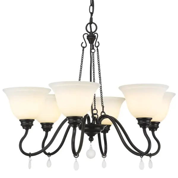 Add a touch of grandeur to your home with the Wry Lighting Donya 6-light Chandelier. This classic fixture showcases ornate metal scrollwork and soft opal glass shades, embodying the timeless qualities of traditional design. The opal glass shades diffuse the light beautifully, creating a warm and inviting glow that is perfect for dining rooms and entryways. Their classic design lends both vintage charm and contemporary sophistication to the chandelier. Featuring a rich matte black finish, it is smooth to the touch and complements a variety of decor styles. This dry location rated fixture is designed to enhance indoor spaces not subject to moisture. Sloped ceiling compatible and adjustable in height, it allows for custom installation suited to your space. Overall Dimensions: 28.13"W x 23.5"H x 28.13"D. Requires 6 E26 medium base bulbs (not included), max 100 wattage per bulb. Elevate your lighting experience and make a striking statement with this exquisite chandelier from Wry Lighting. Collection: Donya Rooms: Foyer,Living,Dining,Lobby Finish: Matte Black Glass: Opal Glass Width: 28.13" Height: 23.50" Weight: 13.42 lb Extension from Wall: 28.13" Chain: 6` Wire: 10` Canopy: 4.88"W x 4.88"H x 1"D Number of Bulbs: 6 Maximum Wattage: 100.00 W Bulb Type: A19 Bulb Base: E26 Light Source: Incandescent Dimmable Voltage: 120.00 V Material: Steel Country of Origin: China Safety Listing: ETL Safety Rating: Dry Connection: Hardware Manufacturer Warranty: 1 Year Limited