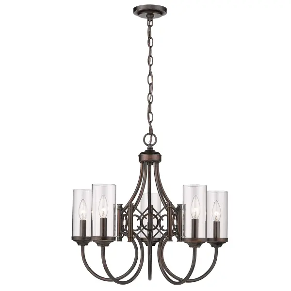 Bring transitional elegance into your home with the Wry Lighting Quincy 5-light Chandelier. Featuring a glass shade and a Cordoban Bronze frame, it creates a welcoming atmosphere. The clear glass shade offers brilliant, unobstructed light, allowing the beauty of the bulb and the fixture's design to shine. Its smooth, polished finish complements a wide array of styles. Inspired by the rich, hand-rubbed leathers of old-world Spain, the Cordoban Bronze finish adds warmth and artisan character, making it a timeless choice. Perfect for dining rooms, foyers, bedrooms, and living spaces, the chandelier is dry location rated, making it ideal for indoor spaces not subject to moisture. It is sloped-ceiling compatible and features an adjustable height ranging from 21.625" to 93.625". Overall dimensions are 22.63"W x 20.63"H x 22.63"D, and it requires 5 E12 candelabra base bulbs (not included, max 60 wattage per bulb). Elevate your decorative style with the Wry Lighting Quincy Chandelier, a beautiful blend of sophistication and functional lighting. Collection: Quincy Finish: Cordoban Bronze Glass: Clear Glass Width: 22.63" Height: 20.63" Length: 22.63" Weight: 8.80 lb Extension from Wall: 22.63" Canopy: 4.75"W x 4.75"H x 1"D Number of Bulbs: 5 Maximum Wattage: 60.00 W Bulb Type: CA10 Bulb Base: E12 Light Source: Incandescent Dimmable Voltage: 120.00 V Country of Origin: China Safety Listing: ETL Manufacturer Warranty: 1 Year Limited - alternate view