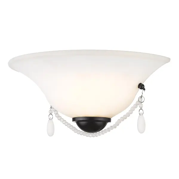 The elegance of the Priscilla collection quietly demands attention. Frosted crystal beads drape the bottom of the wall sconce. Larger teardrop crystal accents cap each end of the crystal strand. The crystal drops mimic the sophistication of fine jewels and the glowing effect of the diffused marbled glass is enchanting. The curvaceous glass contrasts the smooth, modern matte black finish for a contemporary feel. Fixture Finish: Matte Black Glass/Shade Finish: Opal Glass Fixture Width: 12" Fixture Height: 5.375" Fixture Extension: 6.625" Max Height: N/A Chain Length: N/A Rod Qty: N/A Canopy/Backplate Dim: 9.5"W x 3.375"H x 0.625"E Fixture Weight: 1.67 lb Number of Sockets: 1 Fixture Wattage: 100 W Bulb Type: Incandescent, Type A Bulb Included: No Slope Ceiling: No Approved Location: Damp Location Assembly and Installation Instructions Dimensions and Measurements (Specification Sheet) [#other] var bullseyelistener = function (e) {var regex= new RegExp('^.*\\.bullseyelocations\\.com.*$', 'i');if(regex.test(e.origin) && Number.isInteger(e.data)) {document.getElementById('bullseye_iframe').height = Math.round(e.data);}}if (window.addEventListener) {addEventListener('message', bullseyelistener, false);}else {attachEvent('onmessage', bullseyelistener);} [#size] - alternate view
