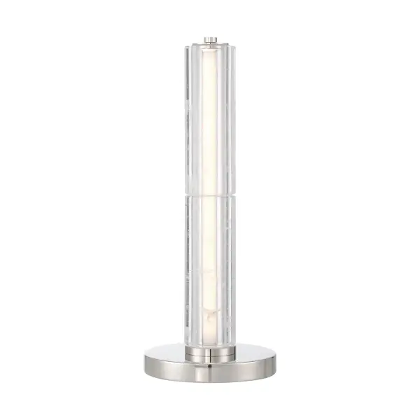 The Crystallo LED Table Lamp combines modern glam aesthetics with practical functionality. Its solid cloudy crystal cylinder shade with organic white inclusions creates a beautifully diffused glow, while the polished nickel finish adds timeless sophistication.