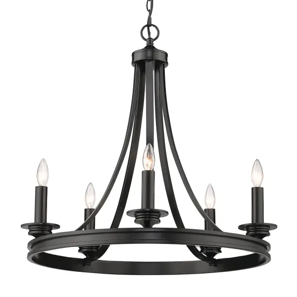 The Saldano 5-light chandelier combines contemporary simplicity with classic candelabra styling. Its matte black finish and clean lines create a sophisticated focal point perfect for dining rooms and entryways.