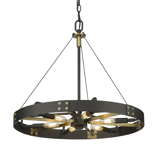 The Vaughn pendant delivers authentic industrial style with its mechanical aesthetic and matte Natural Black finish accented by aged brass details. Its 22.5-inch width makes it perfectly sized for medium dining spaces and kitchen islands.