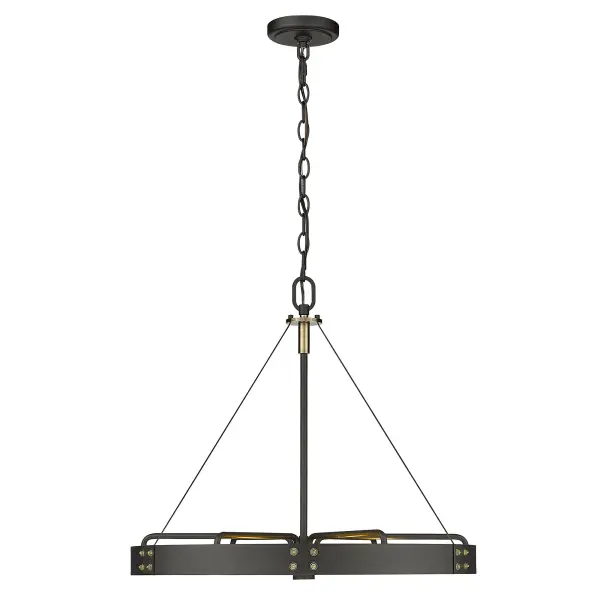 The Vaughn pendant delivers authentic industrial style with its mechanical aesthetic and matte Natural Black finish accented by aged brass details. Its 22.5-inch width makes it perfectly sized for medium dining spaces and kitchen islands. - alternate view