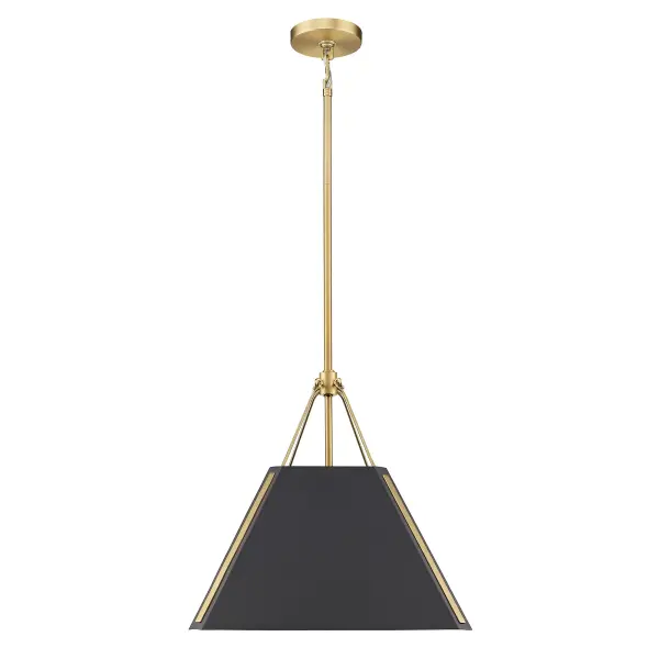 The Ranik pendant combines modern design with warm metallic tones, featuring a brushed champagne brass frame and natural black metal shade. Its damp location rating and sloped ceiling compatibility make it highly versatile. - alternate view