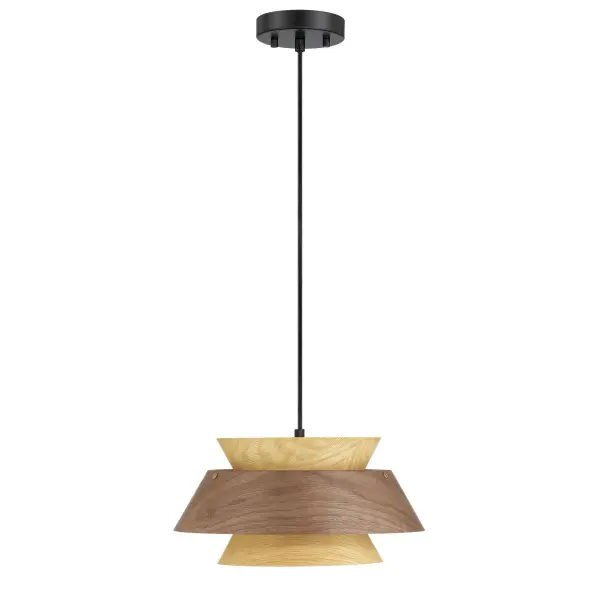The Golden Lighting Aalto 13" Pendant offers a modern organic statement through its sculptural, tiered wood veneer construction. Curved layers of light and dark walnut are combined to create visual contrast, depth, and texture while softly shaping the light below. The interplay between the pale matte light walnut and the rich satin-finished dark walnut highlights the natural grain patterns and adds dimension to the silhouette. Clean suspension hardware keeps the look refined and contemporary, allowing the layered wood design to take center stage. Measuring 13.2"W x 6.3"H x 6.3"D, this pendant is ideal for kitchens, dining areas, bedrooms, and entryways. Dry-location rated and sloped-ceiling compatible, it features adjustable hanging height and requires one E26 medium base bulb (not included). Collection: Aalto Finish: Dark Walnut-Light Walnut Glass: Dark Walnut-Light Walnut Width: 13.25" Height: 6.25" Weight: 1.91 lb Extension from Wall: 13.25" Canopy: 4.7"W x 4.7"H x 0.98"D Number of Bulbs: 1 Maximum Wattage: 60.00 W Bulb Type: A19 Bulb Base: E26 Dimmable Voltage: 120.00 V Country of Origin: China Safety Listing: ETL Manufacturer Warranty: 1 Year Limited - alternate view