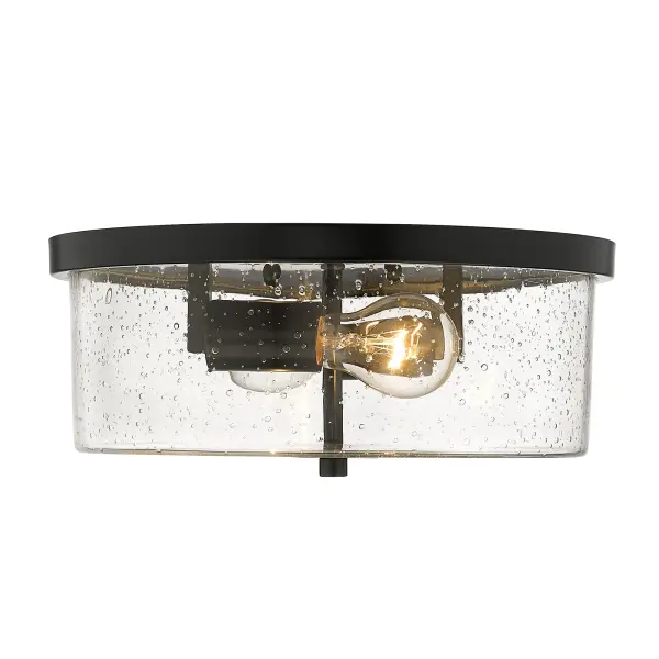 Bring farmhouse elegance into your home with the Wry Lighting Rayne 2-light Flush Mount in Matte Black. Featuring a glass shade and a matte black frame, it creates a welcoming atmosphere. The seeded glass shade adds a touch of vintage character and artisanal charm. When illuminated, the 'seeds' catch the light, creating a brilliant sparkle and gently diffusing the bulb's glow for a warm, inviting ambiance. The matte black finish is timeless and versatile, providing a smooth, non-reflective surface that complements various decor styles. Ideal for low ceilings in hallways, closets, laundry areas, and bathrooms. Damp Location Rated, it's suitable for covered and semi-enclosed spaces with occasional moisture. Overall Dimensions: 12.63"W x 5.38"H x 12.63"D. Requires 2 E26 Medium base bulbs (not included), Max 60 wattage per bulb. Close with an inviting touch and quality craftsmanship that enhances your living area. Collection: Rayne Rooms: Bath,Living,Hall,Accent Finish: Matte Black Glass: Seeded Glass Width: 12.63" Height: 5.38" Length: 12.63" Weight: 4.40 lb Extension from Wall: 12.63" Wire: 8`` Canopy: 12.63"W x 12.63"H x 0.75"D Number of Bulbs: 2 Maximum Wattage: 120.00 W Bulb Type: A19 Bulb Base: E26 Light Source: Incandescent Dimmable Voltage: 120.00 V Material: Steel Country of Origin: China Safety Listing: ETL Safety Rating: Damp Connection: Hardware Manufacturer Warranty: 1 Year Limited Instructions Parts Diagram - alternate view
