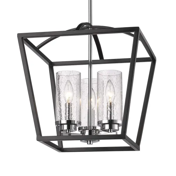 The Mercer 3-Light Pendant combines timeless matte black finish with chrome accents and vintage seeded glass shades. Its transitional design bridges traditional and modern aesthetics, making it adaptable to various decor styles.