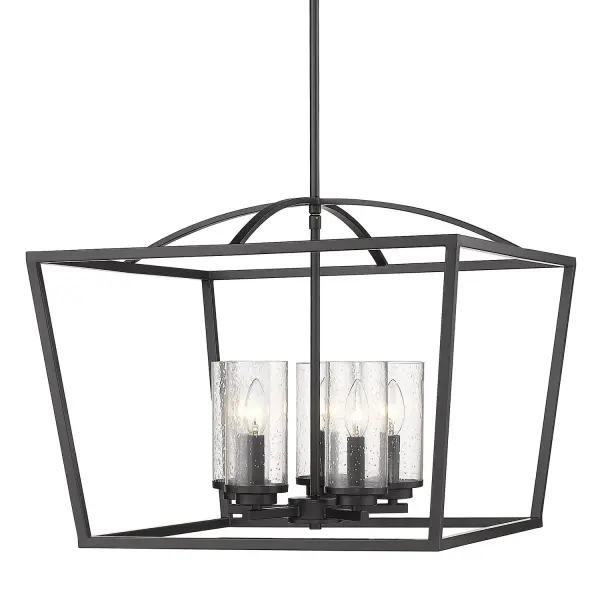 The Golden Lighting Mercer chandelier combines classic transitional design with industrial touches through its matte black finish and distinctive seeded glass shades. Perfect for dining rooms and foyers, this 5-light fixture offers adjustable height and versatile styling that complements both traditional and contemporary interiors.