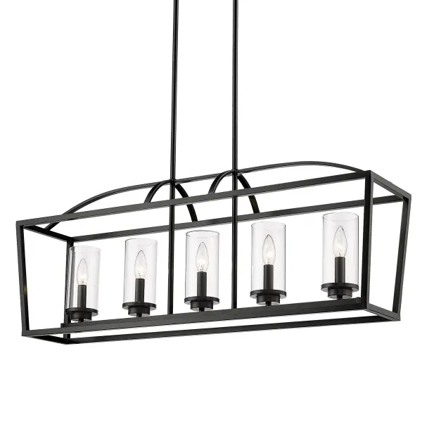 The Mercer 5-Light Island Light combines industrial charm with transitional elegance. Its matte black finish and clear glass shades create a sophisticated focal point while providing ample illumination for workspaces and dining areas.