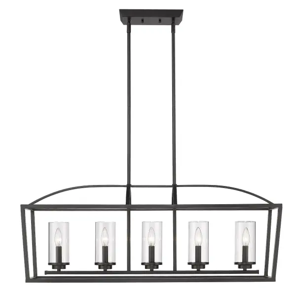 The Mercer 5-Light Island Light combines industrial charm with transitional elegance. Its matte black finish and clear glass shades create a sophisticated focal point while providing ample illumination for workspaces and dining areas. - alternate view