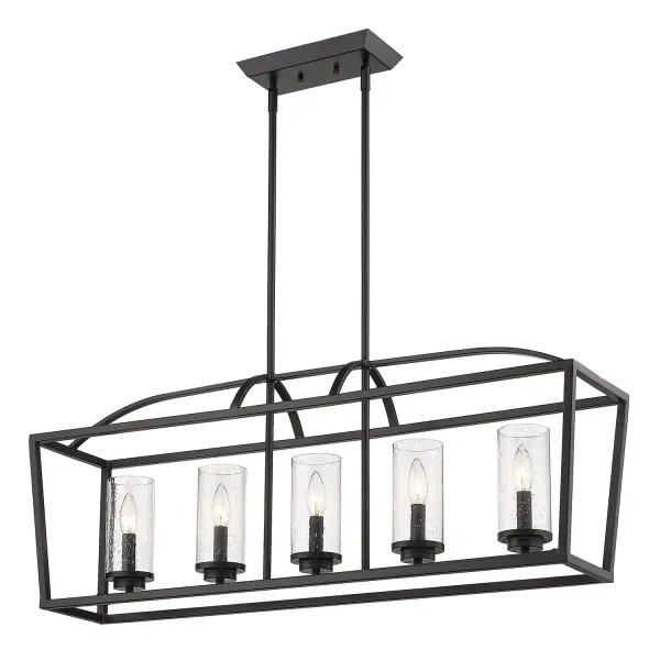 The Golden Lighting Mercer combines modern matte black elegance with vintage-inspired seeded glass for a sophisticated island light. Its 38.25-inch linear design and adjustable height make it perfect for kitchen islands and dining tables.