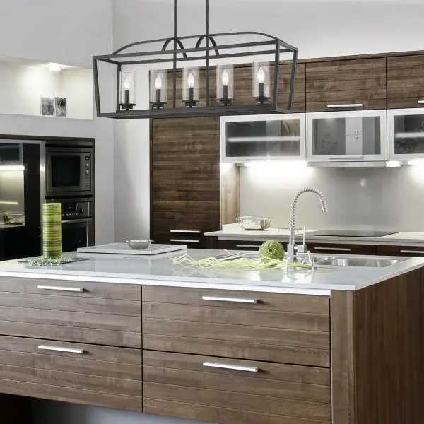 The Golden Lighting Mercer combines modern matte black elegance with vintage-inspired seeded glass for a sophisticated island light. Its 38.25-inch linear design and adjustable height make it perfect for kitchen islands and dining tables. - alternate view