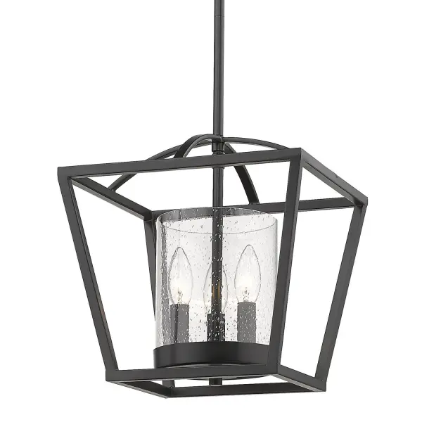 The Golden Lighting Mercer combines artisanal seeded glass with a sleek matte black frame, creating a transitional fixture that bridges vintage charm and modern minimalism. Damp-rated and adjustable for various ceiling types. - alternate view