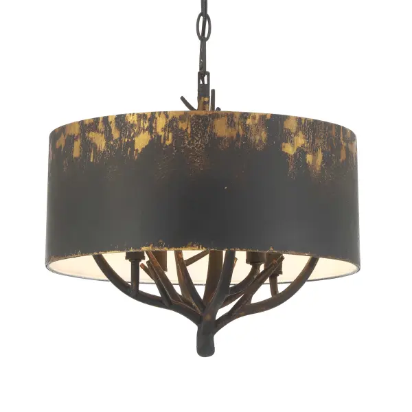 Bring Nature-Inspired elegance into your home with the Wry Lighting Arboreal 4-light Pendant in Antique Black Iron. Featuring a metal shade and a striking Antique Black Iron frame, it creates a welcoming atmosphere. This pendant's eye-catching metal shade, finished in Antique Black Iron, captures the raw, authentic charm of a bygone era. The deeply textured finish features a matte charcoal-black top coat applied over an antiqued gold base, with heavy distressing that authentically simulates weathered iron. The Antique Black Iron finish tells a story of time and endurance. Perfect for industrial and rustic settings, it adds a statement of age and handcrafted character to any space. Versatile for a variety of rooms, this pendant is ideal for kitchens, dining rooms, and bedrooms, and is rated for dry locations, perfect for indoor spaces not subject to moisture. It features a convertible design with adjustable height for sloped or flat ceilings, adjustable from a minimum of 17.875" to a maximum of 91.125". With overall dimensions of 15"W x 14.13"H x 15"D, it requires 4 E12 candelabra base bulbs (not included) with a maximum wattage of 60 per bulb. Elevate your space with the quality and lifestyle appeal of the Wry Lighting Arboreal pendant—where beauty meets craftsmanship. Collection: Arboreal Finish: Antique Black Iron Glass: Antique Black Iron Width: 15.00" Height: 14.13" Weight: 8.07 lb Extension from Wall: 15.00" Canopy: 5.38"W x 5.38"H x 1.5"D Number of Bulbs: 4 Maximum Wattage: 60.00 W Bulb Type: CA10 Bulb Base: E12 Light Source: Incandescent Dimmable Voltage: 120.00 V Country of Origin: China Safety Listing: ETL Manufacturer Warranty: 1 Year Limited