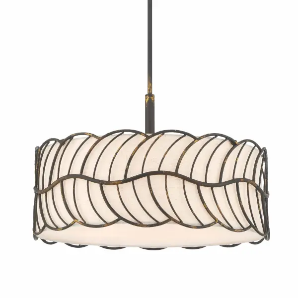 Bring farmhouse elegance into your home with the Wry Lighting Simbolo 5-light Pendant in Antique Black Iron. Featuring a fabric shade and a rugged Antique Black Iron finish, it creates a welcoming atmosphere. The ivory linen fabric shade provides a soft, tailored look, skillfully diffusing light to enhance your space with a warm glow. This timeless hue and natural texture ensure that your lighting feels both relaxed and refined. The Antique Black Iron finish captures the authentic charm of a bygone era, showcasing a heavily pitted and crackled surface for added character. Its industrial appeal perfectly complements rustic and farmhouse designs. Ideal for dry locations like bedrooms, living rooms, and hallways, this pendant is easily adjustable in height and compatible with sloped ceilings, ensuring seamless installation. Overall dimensions are 24"W x 15"H x 24"D, and it requires 5 E26 Medium base bulbs (not included), max 60 wattage per bulb. Elevate your home with artisanal craftsmanship and a touch of age-old charm. Collection: Simbolo Finish: Antique Black Iron Glass: Ivory Linen Width: 24.00" Height: 15.00" Weight: 13.55 lb Extension from Wall: 24.00" Canopy: 4.75"W x 4.75"H x 0.75"D Number of Bulbs: 5 Maximum Wattage: 60.00 W Bulb Type: A19 Bulb Base: E26 Light Source: Incandescent Dimmable Voltage: 120.00 V Country of Origin: China Safety Listing: ETL Manufacturer Warranty: 1 Year Limited