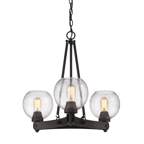The Galveston 3-Light Chandelier combines rustic farmhouse appeal with classic sophistication. Its seeded glass shades create beautiful light diffusion while the hand-rubbed bronze finish adds warmth and character to any space.