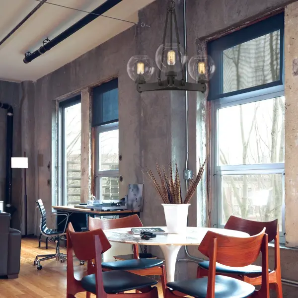 The Galveston 3-Light Chandelier combines rustic farmhouse appeal with classic sophistication. Its seeded glass shades create beautiful light diffusion while the hand-rubbed bronze finish adds warmth and character to any space. - alternate view