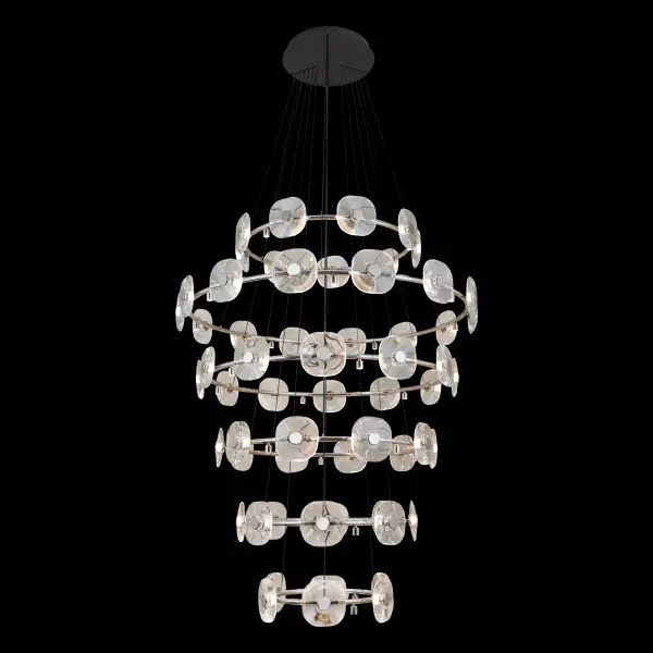 The Celestia 59-light chandelier is a show-stopping statement piece featuring K9 crystal discs that create a mesmerizing halo effect. With 57" width and adjustable height up to 209.75", it delivers 3088 lumens of warm LED light perfect for grand spaces.