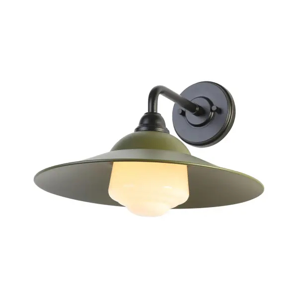 The Croma wall sconce combines farmhouse charm with practical durability. Its distinctive matte pine (olive green) metal shade paired with white bell glass creates warm, diffused lighting while the wet location rating makes it suitable for covered and uncovered outdoor areas.