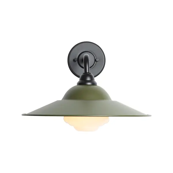The Croma wall sconce combines farmhouse charm with practical durability. Its distinctive matte pine (olive green) metal shade paired with white bell glass creates warm, diffused lighting while the wet location rating makes it suitable for covered and uncovered outdoor areas. - alternate view