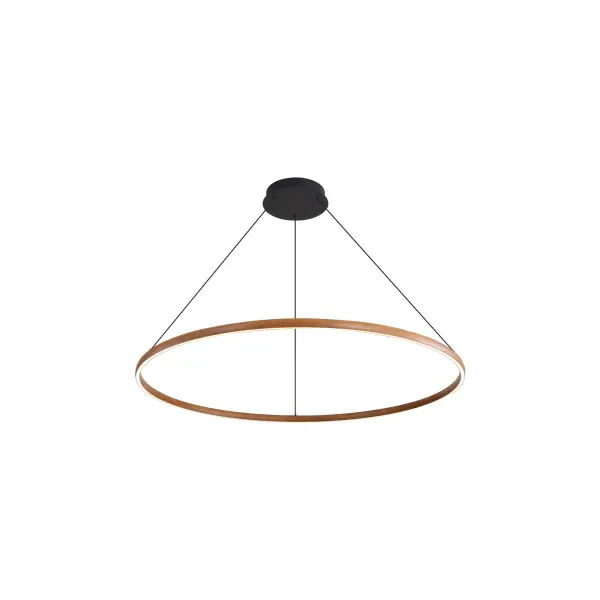 The Veritas chandelier combines industrial elegance with modern minimalism, featuring a striking geometric design in warm walnut finish. Integrated LED technology delivers 3600 lumens of energy-efficient illumination at 3000K.