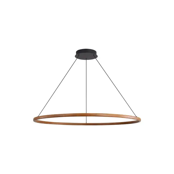 The Veritas 47" chandelier combines sleek modern design with rich walnut wood for a sophisticated statement piece. Integrated LED technology delivers exceptional brightness (5400 lumens) with energy efficiency, while adjustable height accommodates various ceiling configurations.