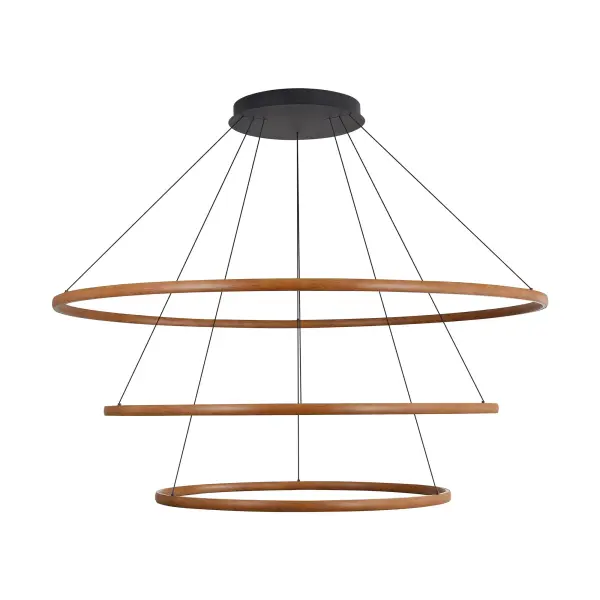 This oversized 71" chandelier makes a dramatic architectural statement with its rich walnut finish and three-tier design. Integrated LED technology delivers exceptional 19,800 lumens at a warm 3000K, perfect for illuminating large dining rooms and grand foyers.