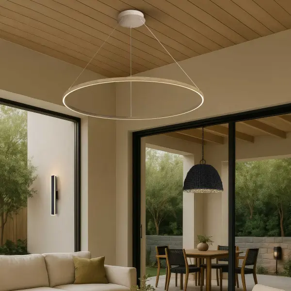 The Golden Lighting Veritas makes a dramatic statement with its 71-inch geometric design and integrated LED technology. The serene Driftwood finish brings coastal elegance to grand spaces, while energy-efficient LEDs deliver 7900 lumens of warm illumination. - alternate view