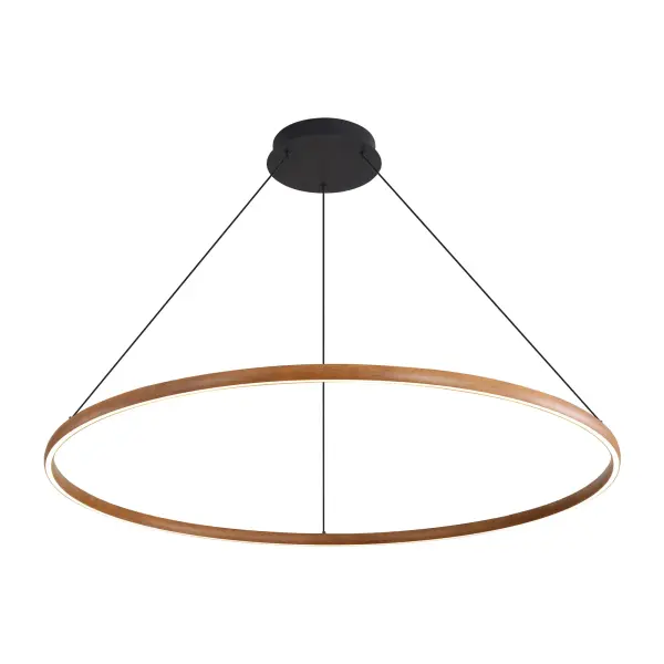 The Veritas 71-inch chandelier makes a bold architectural statement with integrated LED technology delivering 7900 lumens. Its contemporary design pairs rich walnut tones with modern metalwork, perfect for grand spaces requiring dramatic lighting.