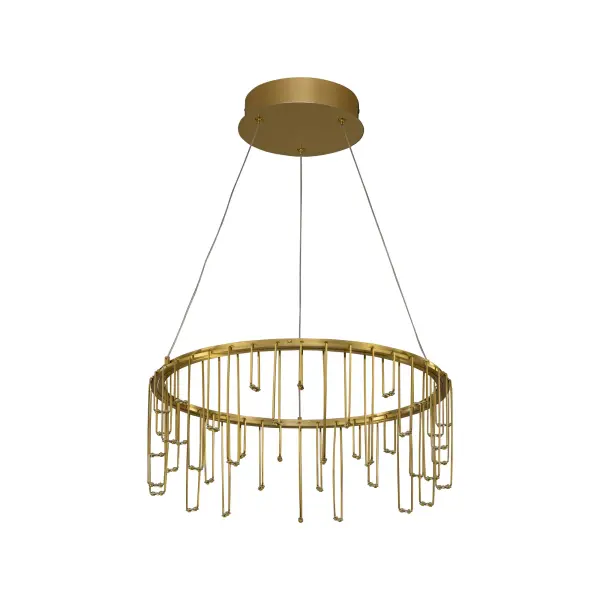 The Lucerna chandelier showcases avant-garde design with its melting stainless steel effect that dissolves into delicate prongs. The warm electroplated gold finish with brushed texture delivers 1361 lumens of 3000K illumination.