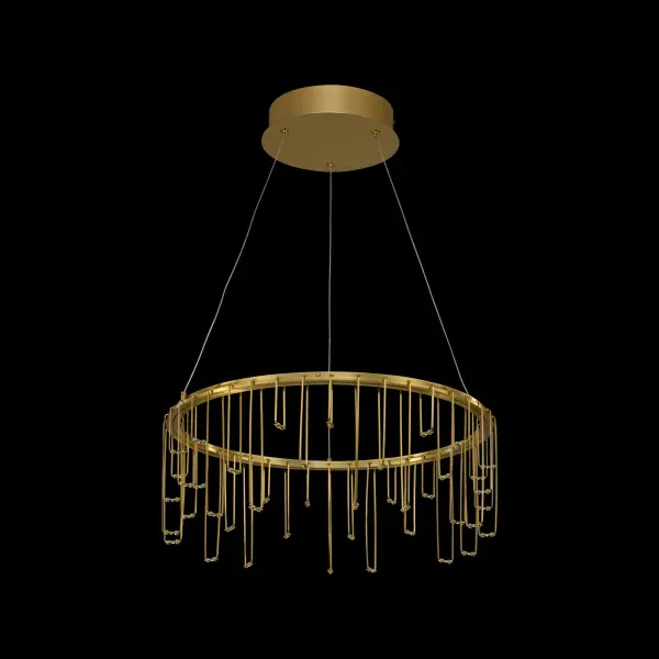 The Lucerna chandelier showcases avant-garde design with its melting stainless steel effect that dissolves into delicate prongs. The warm electroplated gold finish with brushed texture delivers 1361 lumens of 3000K illumination. - alternate view
