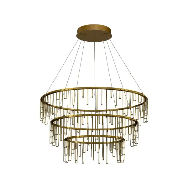 The Lucerna 3-tier chandelier delivers avant-garde design with exceptional functionality. Its electroplated stainless steel gold finish creates a warm, sophisticated glow while integrated LED technology provides brilliant 5832-lumen illumination.