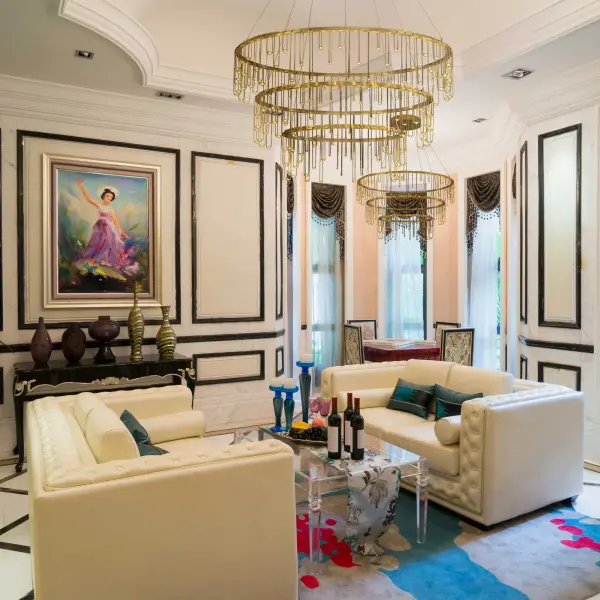 The Lucerna 3-tier chandelier delivers avant-garde design with exceptional functionality. Its electroplated stainless steel gold finish creates a warm, sophisticated glow while integrated LED technology provides brilliant 5832-lumen illumination. - alternate view