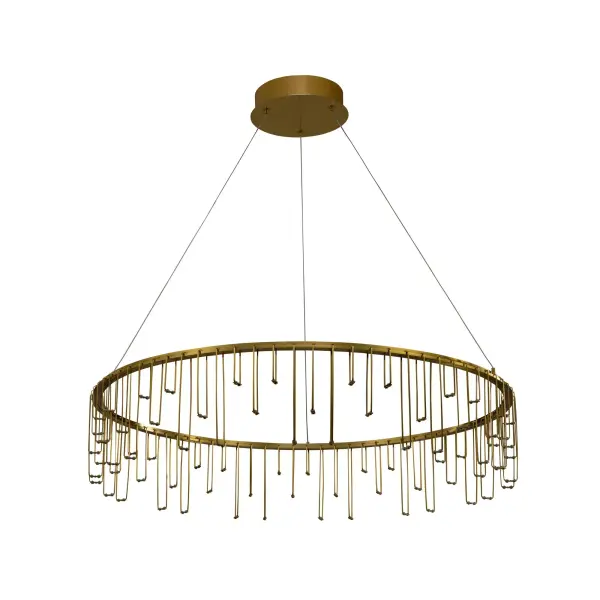 The Lucerna chandelier showcases contemporary artistry with its unique melting stainless steel design that dissolves into delicate prongs. The warm electroplated gold finish with brushed texture delivers 2809 lumens of energy-efficient LED light.
