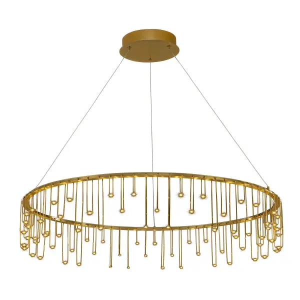 The Lucerna chandelier combines modern geometric design with a shimmering fringe of delicate prongs, creating a dramatic sculptural statement. Energy-efficient integrated LED technology delivers 3110 lumens of warm light.