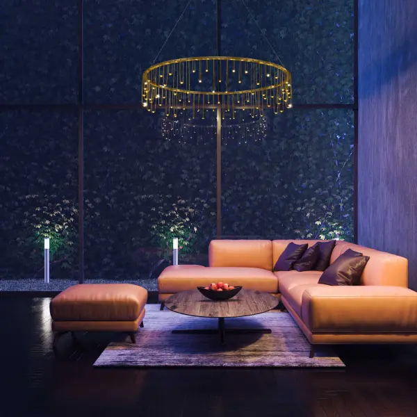The Lucerna chandelier combines modern geometric design with a shimmering fringe of delicate prongs, creating a dramatic sculptural statement. Energy-efficient integrated LED technology delivers 3110 lumens of warm light. - alternate view