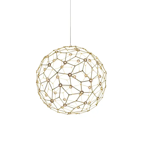 The Spheris pendant combines solid brass craftsmanship with integrated LED technology in a stunning 16-inch spherical design. Its warm 3000K illumination and adjustable height make it versatile for various spaces.