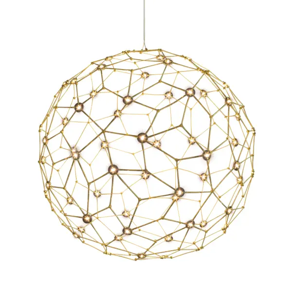 The Spheris 32" pendant combines modern glamour with timeless brass craftsmanship. Its impressive spherical LED array delivers 1944 lumens of warm illumination while the natural brass finish develops a unique patina over time, adding character to your space.