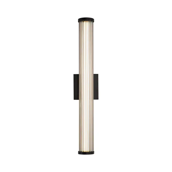 The Rodara 24" outdoor wall sconce combines contemporary elegance with robust functionality. Its clear ribbed glass shade refracts light beautifully while the matte black aluminum frame withstands harsh weather with a wet location rating.